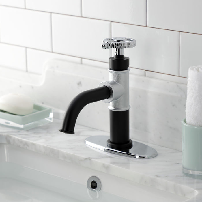 Kingston Sona KSD2821CG - Fuller One-Handle 1-Hole Bathroom Faucet with Deck Plate and Push Pop-Up Drain, Matte Black/Polished Chrome