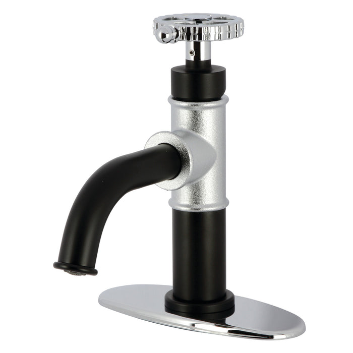 Kingston Sona KSD2821CG - Fuller One-Handle 1-Hole Bathroom Faucet with Deck Plate and Push Pop-Up Drain, Matte Black/Polished Chrome