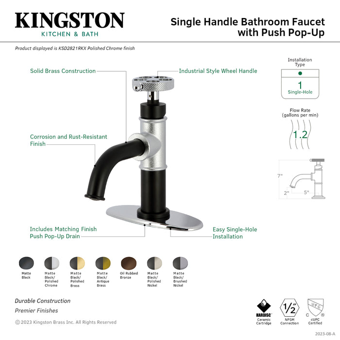 Webb KSD2821RKX Single-Handle 1-Hole Deck Mount Bathroom Faucet with Knurled Handle and Push Pop-Up Drain, Matte Black/Polished Chrome