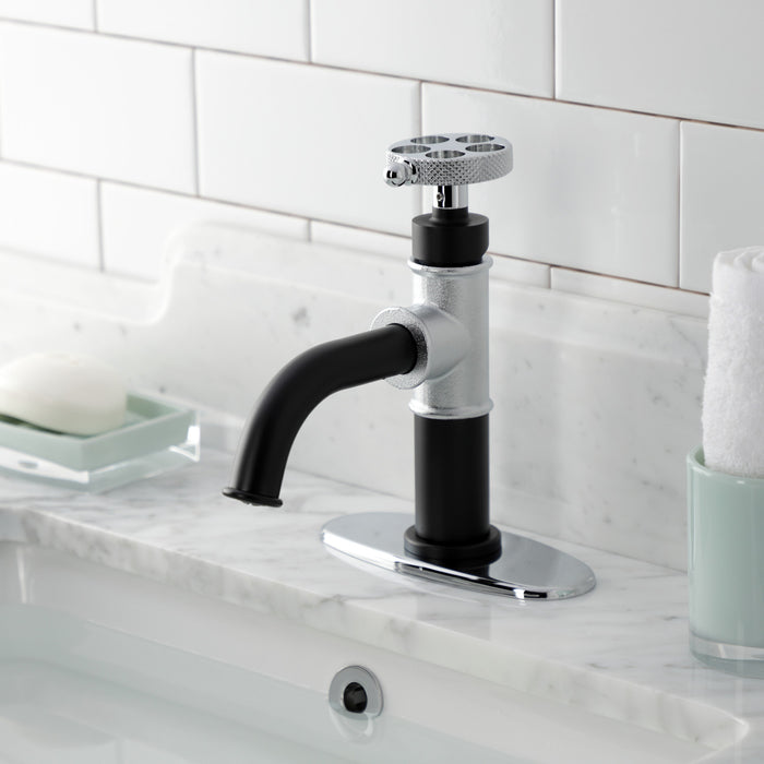 Kingston Sona KSD2821RKX - Webb One-Handle 1-Hole Bathroom Faucet with Knurled Handle, Deck Plate, and Push Pop-Up Drain, Matte Black/Polished Chrome