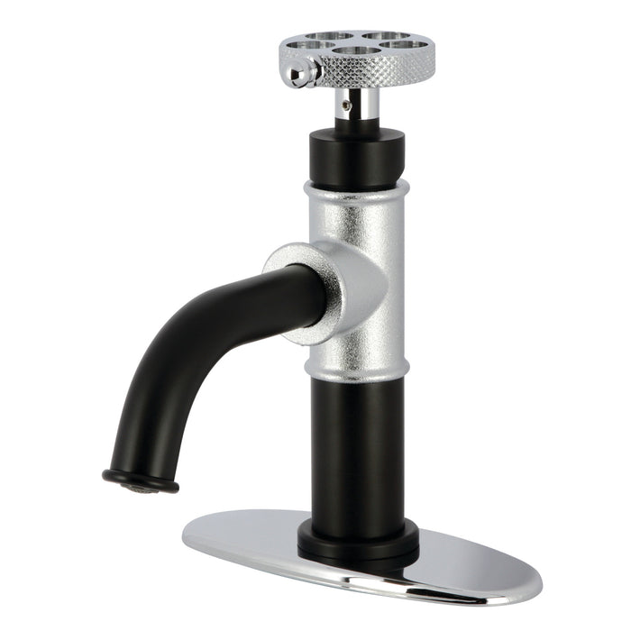 Kingston Sona KSD2821RKX - Webb One-Handle 1-Hole Bathroom Faucet with Knurled Handle, Deck Plate, and Push Pop-Up Drain, Matte Black/Polished Chrome