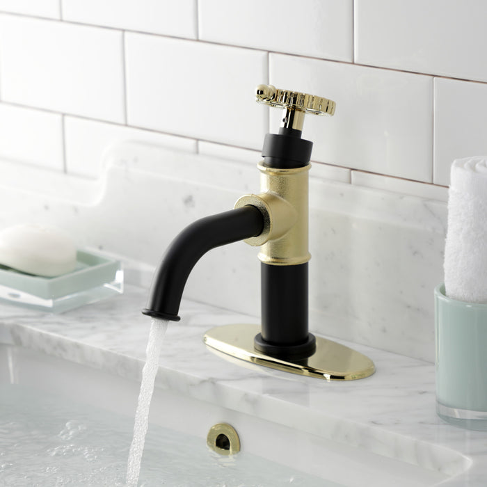 Kingston Sona KSD2822CG - Fuller One-Handle 1-Hole Bathroom Faucet with Deck Plate and Push Pop-Up Drain, Matte Black/Polished Brass
