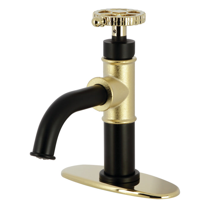 Kingston Sona KSD2822CG - Fuller One-Handle 1-Hole Bathroom Faucet with Deck Plate and Push Pop-Up Drain, Matte Black/Polished Brass