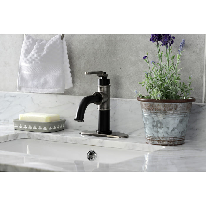 Kingston Sona KSD2824KL - Whitaker One-Handle 1-Hole Bathroom Faucet with Deck Plate and Push Pop-Up Drain, Matte Black/Black Stainless
