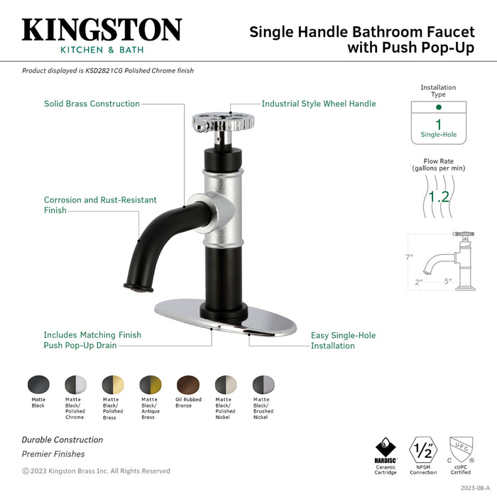 Kingston Sona KSD2826CG - Fuller One-Handle 1-Hole Bathroom Faucet with Deck Plate and Push Pop-Up Drain, Matte Black/Polished Nickel