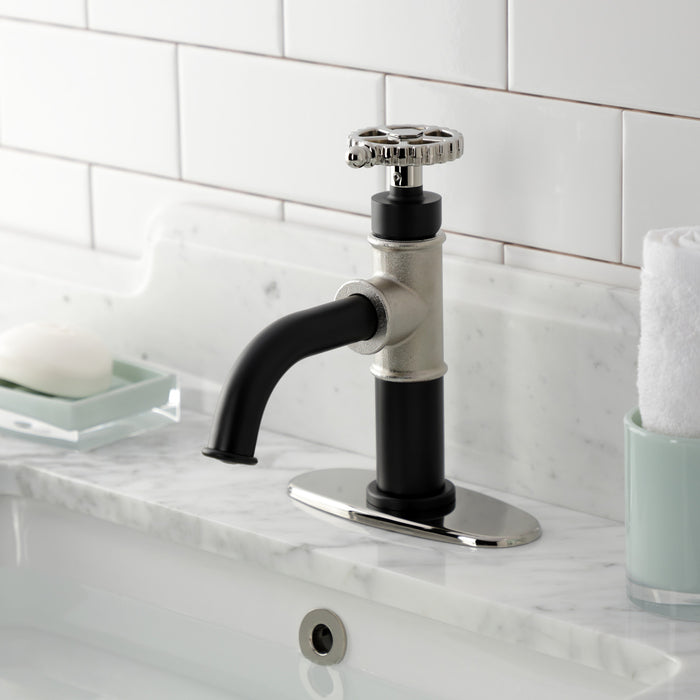 Kingston Sona KSD2826CG - Fuller One-Handle 1-Hole Bathroom Faucet with Deck Plate and Push Pop-Up Drain, Matte Black/Polished Nickel