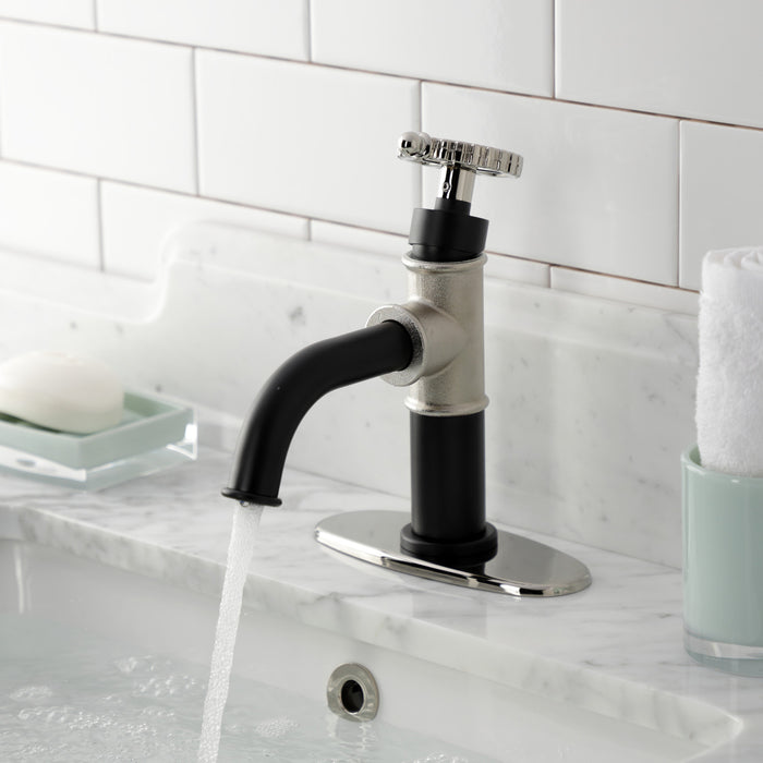 Kingston Sona KSD2826CG - Fuller One-Handle 1-Hole Bathroom Faucet with Deck Plate and Push Pop-Up Drain, Matte Black/Polished Nickel