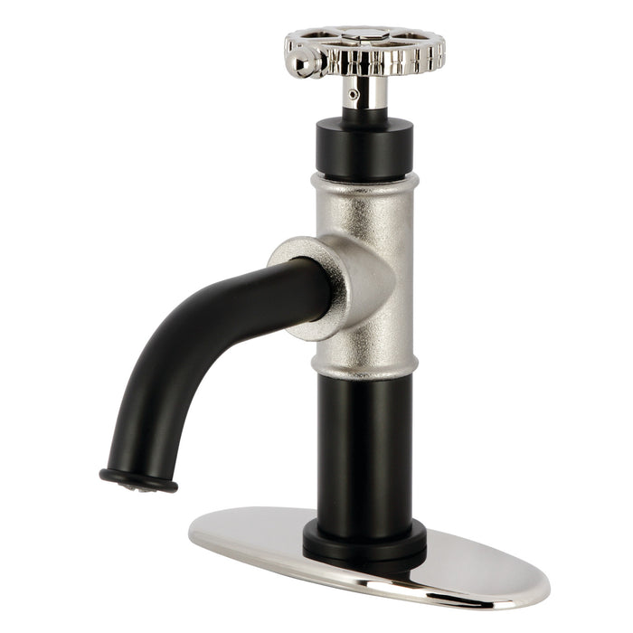 Kingston Sona KSD2826CG - Fuller One-Handle 1-Hole Bathroom Faucet with Deck Plate and Push Pop-Up Drain, Matte Black/Polished Nickel