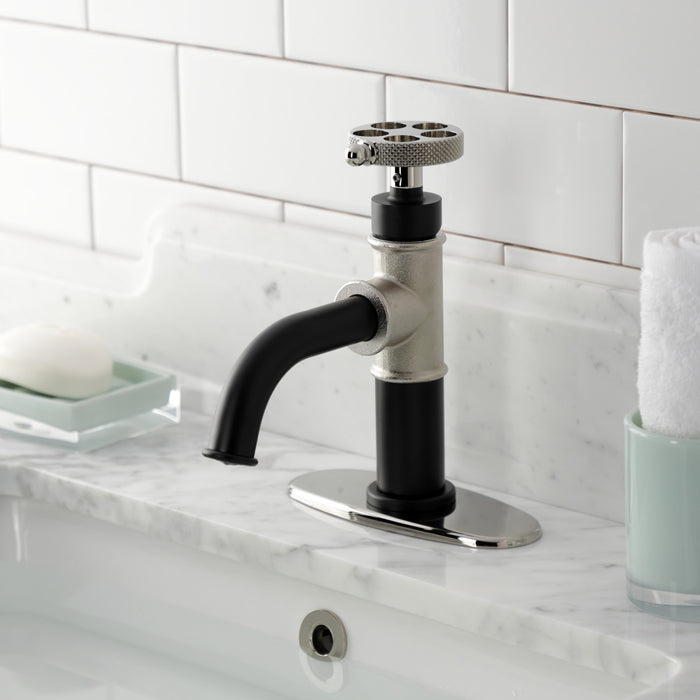 Kingston Sona KSD2826RKX - Webb One-Handle 1-Hole Bathroom Faucet with Knurled Handle, Deck Plate, and Push Pop-Up Drain, Matte Black/Polished Nickel