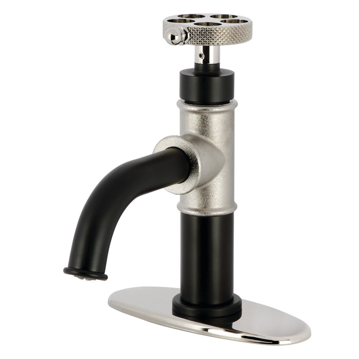 Kingston Sona KSD2826RKX - Webb One-Handle 1-Hole Bathroom Faucet with Knurled Handle, Deck Plate, and Push Pop-Up Drain, Matte Black/Polished Nickel