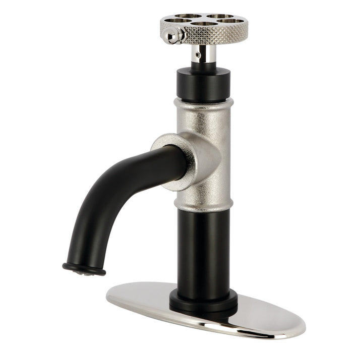 Webb KSD2826RKX Single-Handle 1-Hole Deck Mount Bathroom Faucet with Knurled Handle and Push Pop-Up Drain, Matte Black/Polished Nickel