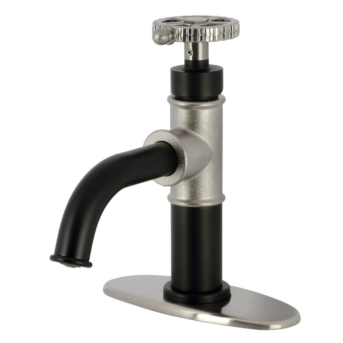 Kingston Sona KSD2828CG - Fuller One-Handle 1-Hole Bathroom Faucet with Deck Plate and Push Pop-Up Drain, Matte Black/Brushed Nickel