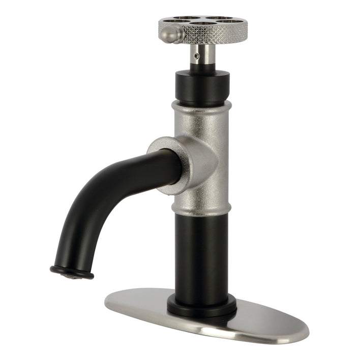 Webb KSD2828RKX Single-Handle 1-Hole Deck Mount Bathroom Faucet with Knurled Handle and Push Pop-Up Drain, Matte Black/Brushed Nickel