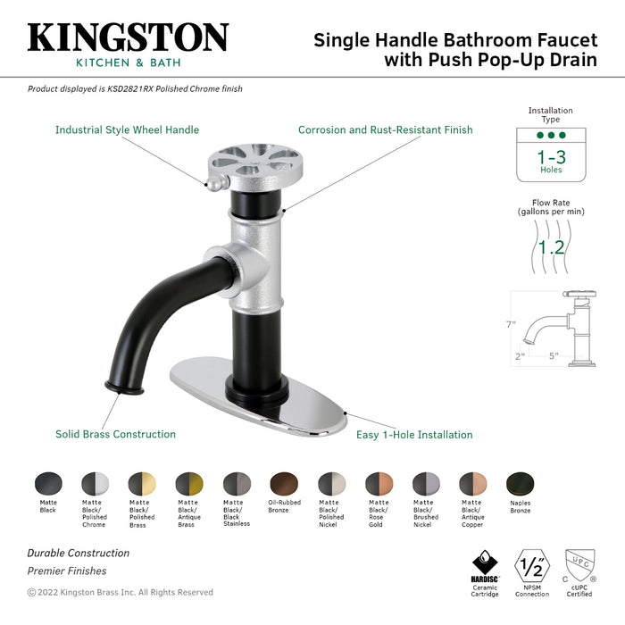 Kingston Sona KSD282RXAC - Belknap One-Handle 1-Hole Bathroom Faucet with Deck Plate and Push Pop-Up Drain, Matte Black/Antique Copper