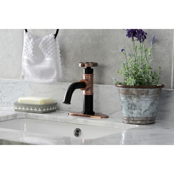 Kingston Sona KSD282RXAC - Belknap One-Handle 1-Hole Bathroom Faucet with Deck Plate and Push Pop-Up Drain, Matte Black/Antique Copper