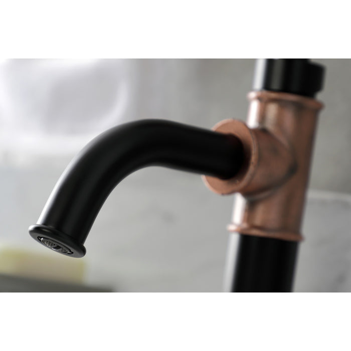 Kingston Sona KSD282RXAC - Belknap One-Handle 1-Hole Bathroom Faucet with Deck Plate and Push Pop-Up Drain, Matte Black/Antique Copper