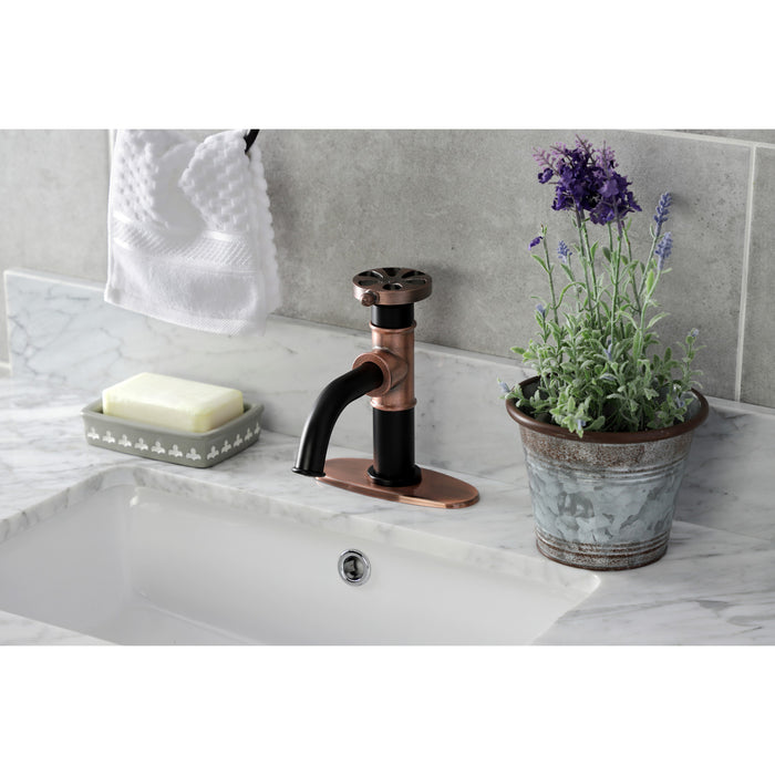 Kingston Sona KSD282RXAC - Belknap One-Handle 1-Hole Bathroom Faucet with Deck Plate and Push Pop-Up Drain, Matte Black/Antique Copper