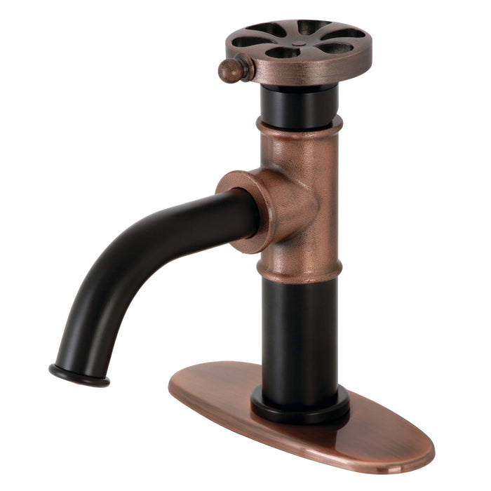Kingston Sona KSD282RXAC - Belknap One-Handle 1-Hole Bathroom Faucet with Deck Plate and Push Pop-Up Drain, Matte Black/Antique Copper