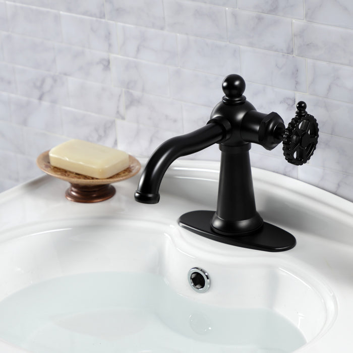 Kingston Tulare KSD3540CG - Fuller One-Handle 1-Hole Bathroom Faucet with Deck Plate and Push Pop-Up Drain, Matte Black