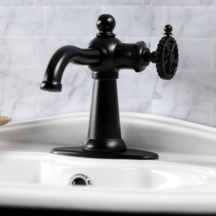 Kingston Tulare KSD3540CG - Fuller One-Handle 1-Hole Bathroom Faucet with Deck Plate and Push Pop-Up Drain, Matte Black