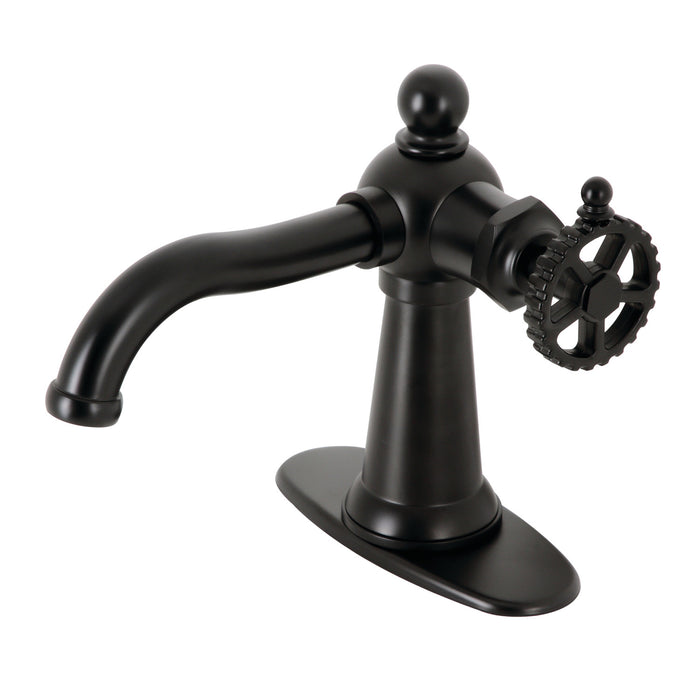 Kingston Tulare KSD3540CG - Fuller One-Handle 1-Hole Bathroom Faucet with Deck Plate and Push Pop-Up Drain, Matte Black