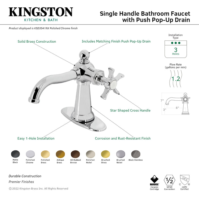 Kingston Heirloom KSD3540NX - Hamilton One-Handle 1-Hole Bathroom Faucet with Deck Plate and Push Pop-Up Drain, Matte Black