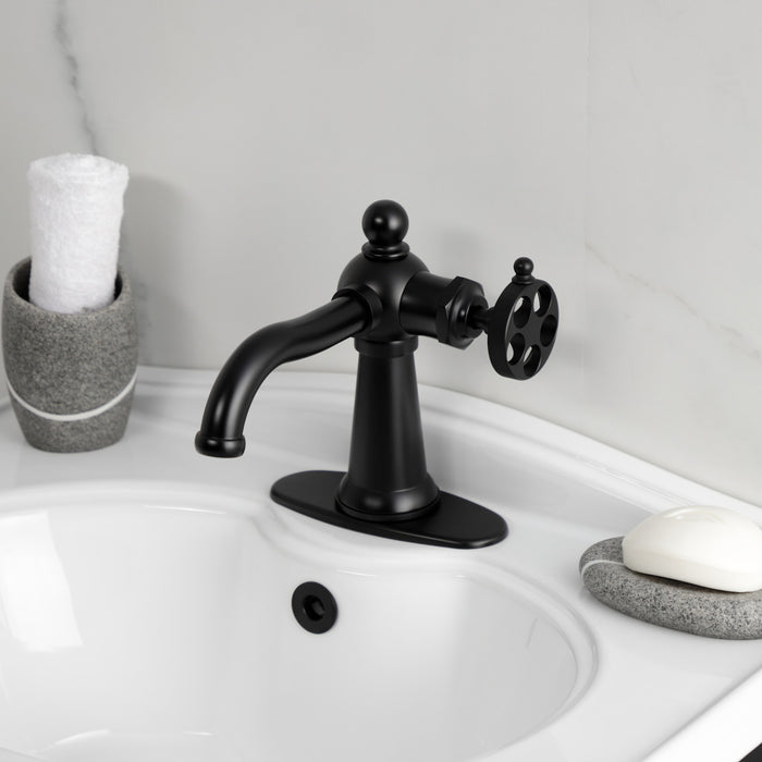 Wendell KSD3540RKZ Single-Handle 1-Hole Deck Mount Bathroom Faucet with Knurled Handle and Push Pop-Up Drain, Matte Black