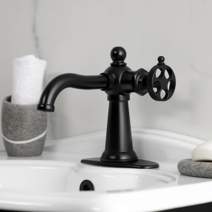 Kingston Tulare KSD3540RKZ - Wendell One-Handle 1-Hole Bathroom Faucet with Knurled Handle and Push Pop-Up Drain, Matte Black