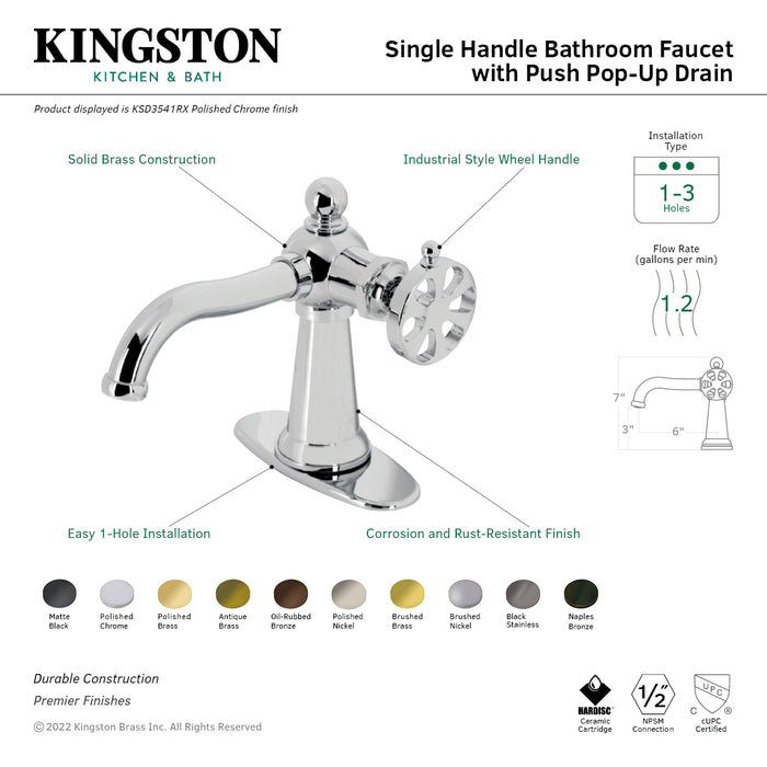 Kingston Tulare KSD3540RX - Belknap One-Handle 1-Hole Bathroom Faucet with Deck Plate and Push Pop-Up Drain, Matte Black