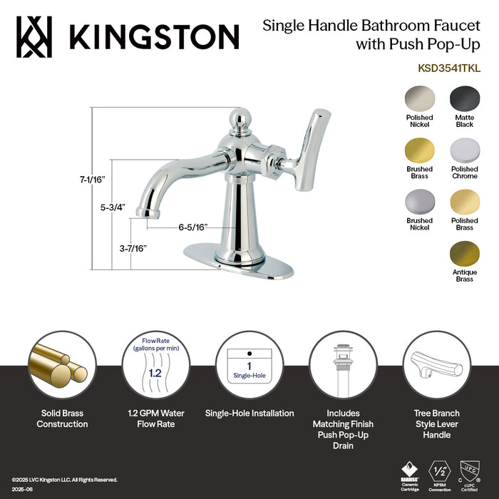 Kingston Tulare KSD3540TKL - Hallerbos One-Handle 1-Hole Bathroom Faucet with Deck Plate and Push Pop-Up Drain, Matte Black