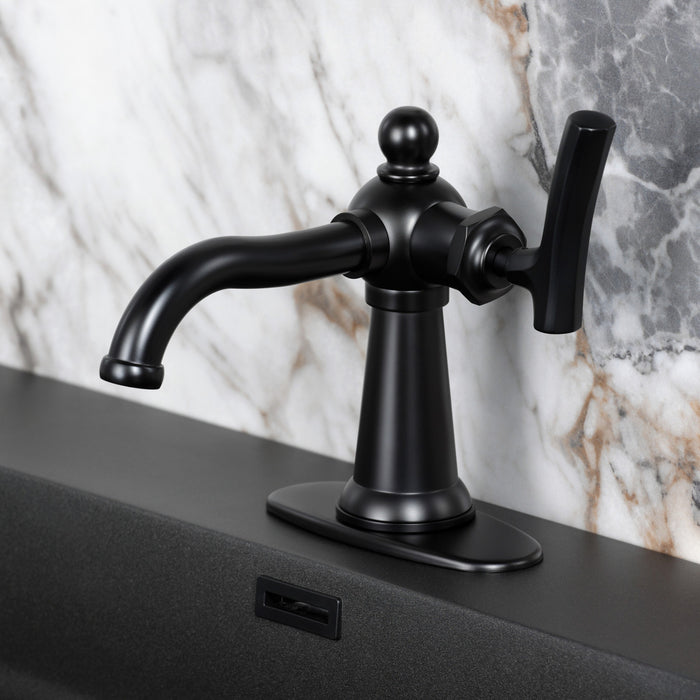Kingston Tulare KSD3540TKL - Hallerbos One-Handle 1-Hole Bathroom Faucet with Deck Plate and Push Pop-Up Drain, Matte Black