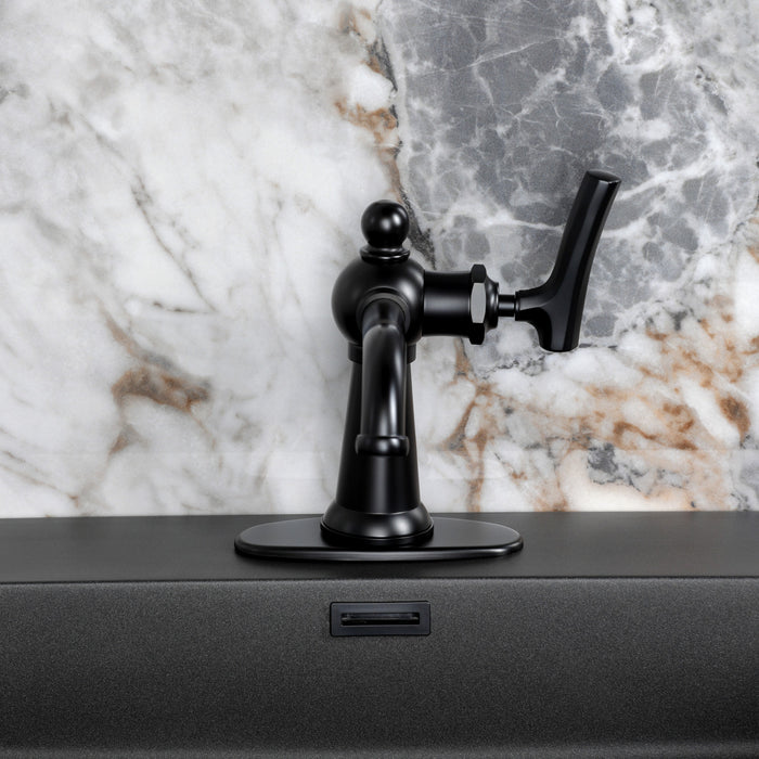 Kingston Tulare KSD3540TKL - Hallerbos One-Handle 1-Hole Bathroom Faucet with Deck Plate and Push Pop-Up Drain, Matte Black