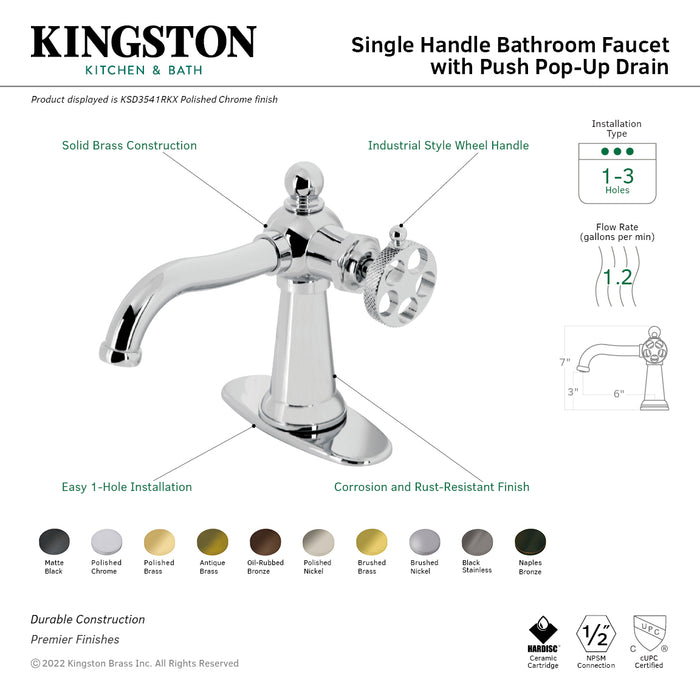 Kingston Tulare KSD3542RKX - Webb One-Handle 1-Hole Bathroom Faucet with Knurled Handle and Push Pop-Up Drain, Polished Brass