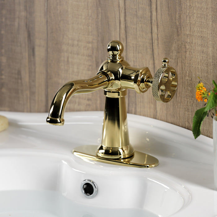 Kingston Tulare KSD3542RKX - Webb One-Handle 1-Hole Bathroom Faucet with Knurled Handle and Push Pop-Up Drain, Polished Brass