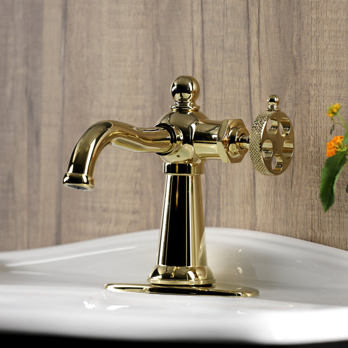 Kingston Tulare KSD3542RKX - Webb One-Handle 1-Hole Bathroom Faucet with Knurled Handle and Push Pop-Up Drain, Polished Brass