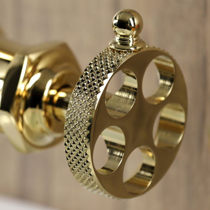 Kingston Tulare KSD3542RKX - Webb One-Handle 1-Hole Bathroom Faucet with Knurled Handle and Push Pop-Up Drain, Polished Brass