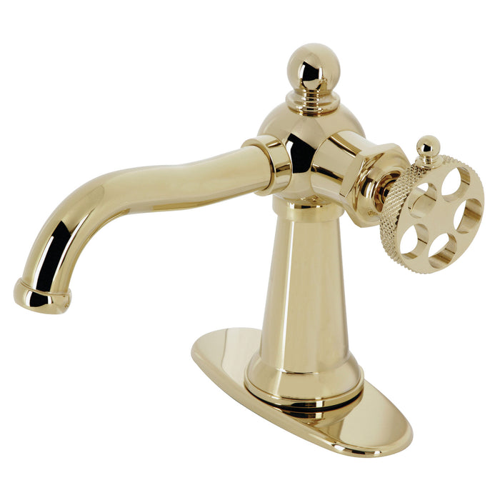 Kingston Tulare KSD3542RKX - Webb One-Handle 1-Hole Bathroom Faucet with Knurled Handle and Push Pop-Up Drain, Polished Brass