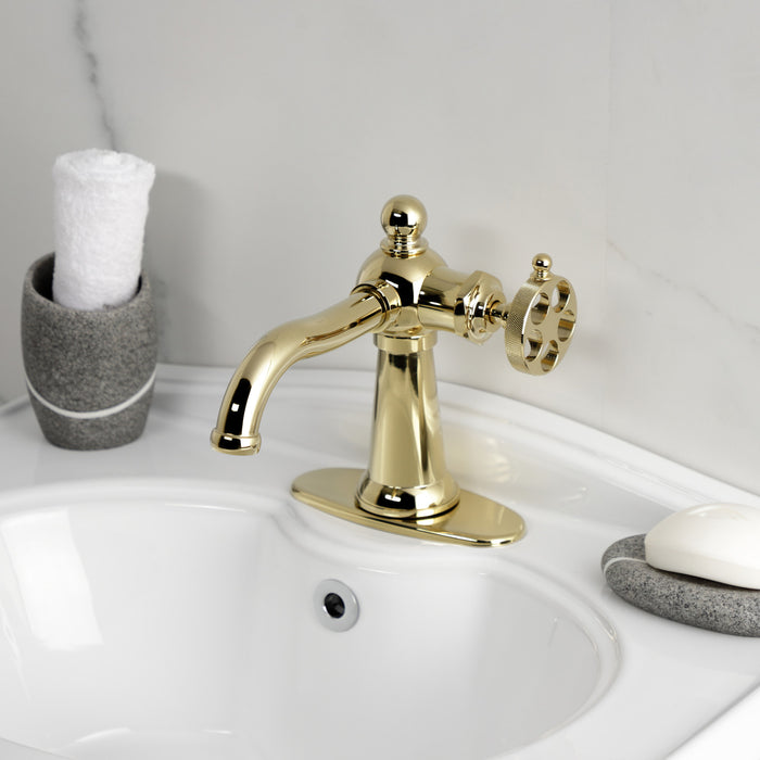 Kingston Tulare KSD3542RKZ - Wendell One-Handle 1-Hole Bathroom Faucet with Knurled Handle and Push Pop-Up Drain, Polished Brass