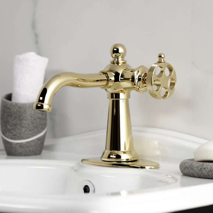 Kingston Tulare KSD3542RKZ - Wendell One-Handle 1-Hole Bathroom Faucet with Knurled Handle and Push Pop-Up Drain, Polished Brass