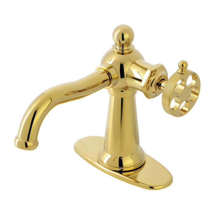 Kingston Tulare KSD3542RKZ - Wendell One-Handle 1-Hole Bathroom Faucet with Knurled Handle and Push Pop-Up Drain, Polished Brass