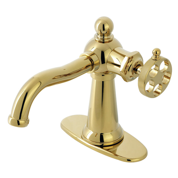 Wendell KSD3542RKZ Single-Handle 1-Hole Deck Mount Bathroom Faucet with Knurled Handle and Push Pop-Up Drain, Polished Brass