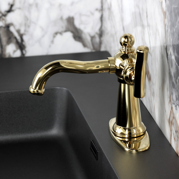 Kingston Tulare KSD3542TKL - Hallerbos One-Handle 1-Hole Bathroom Faucet with Deck Plate and Push Pop-Up Drain, Polished Brass