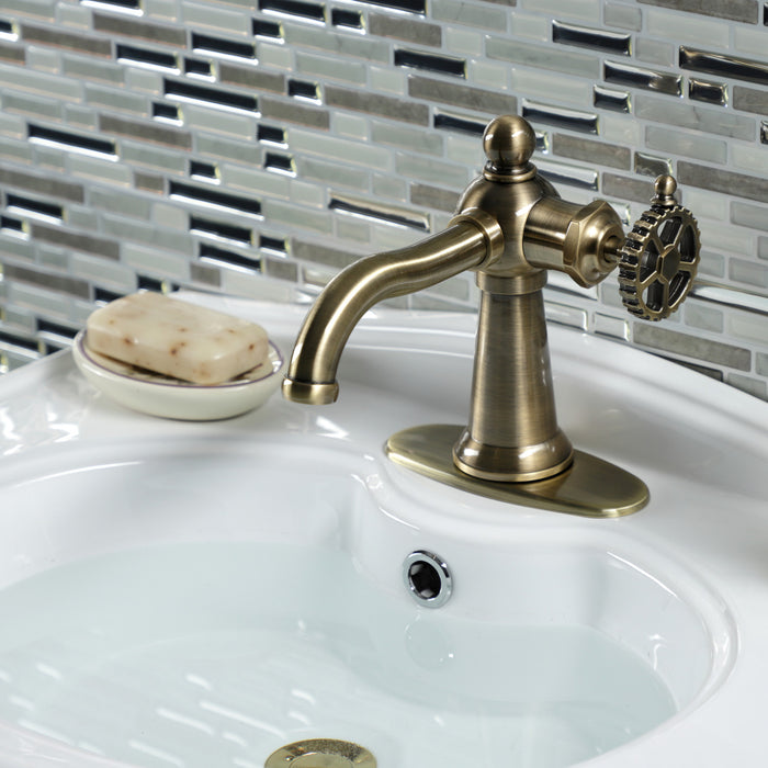 Kingston Tulare KSD3543CG - Fuller One-Handle 1-Hole Bathroom Faucet with Deck Plate and Push Pop-Up Drain, Antique Brass