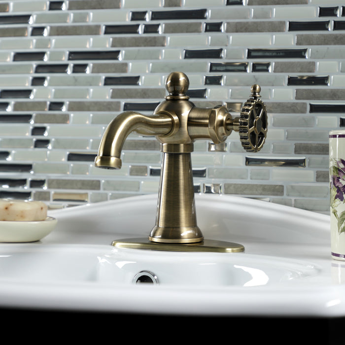 Kingston Tulare KSD3543CG - Fuller One-Handle 1-Hole Bathroom Faucet with Deck Plate and Push Pop-Up Drain, Antique Brass