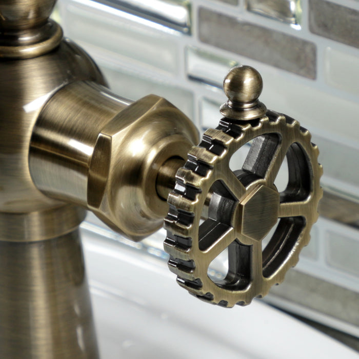 Kingston Tulare KSD3543CG - Fuller One-Handle 1-Hole Bathroom Faucet with Deck Plate and Push Pop-Up Drain, Antique Brass