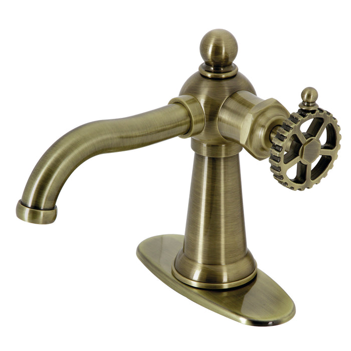 Kingston Tulare KSD3543CG - Fuller One-Handle 1-Hole Bathroom Faucet with Deck Plate and Push Pop-Up Drain, Antique Brass