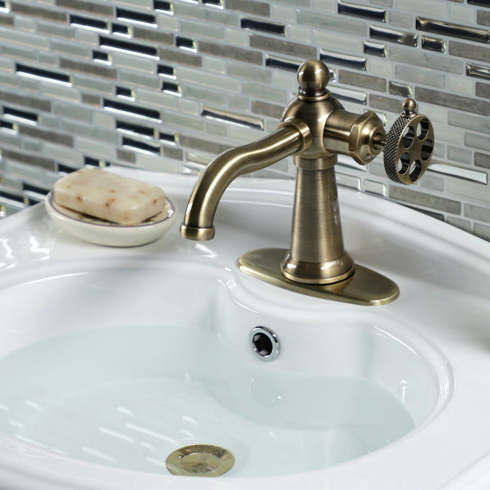Kingston Tulare KSD3543RKX - Webb One-Handle 1-Hole Bathroom Faucet with Knurled Handle and Push Pop-Up Drain, Antique Brass