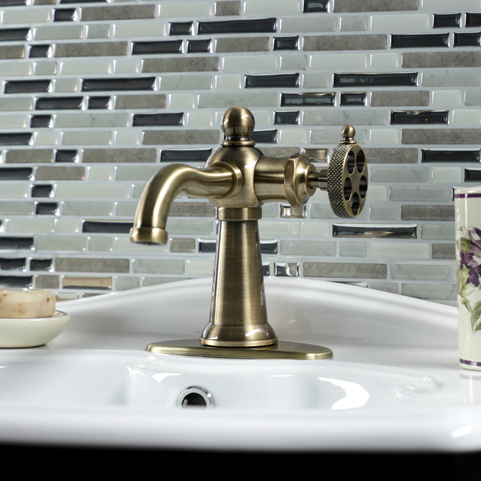 Kingston Tulare KSD3543RKX - Webb One-Handle 1-Hole Bathroom Faucet with Knurled Handle and Push Pop-Up Drain, Antique Brass