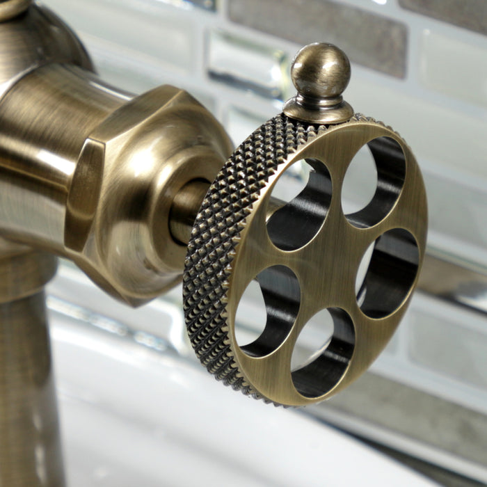 Kingston Tulare KSD3543RKX - Webb One-Handle 1-Hole Bathroom Faucet with Knurled Handle and Push Pop-Up Drain, Antique Brass
