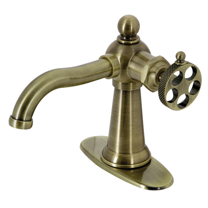 Kingston Tulare KSD3543RKX - Webb One-Handle 1-Hole Bathroom Faucet with Knurled Handle and Push Pop-Up Drain, Antique Brass